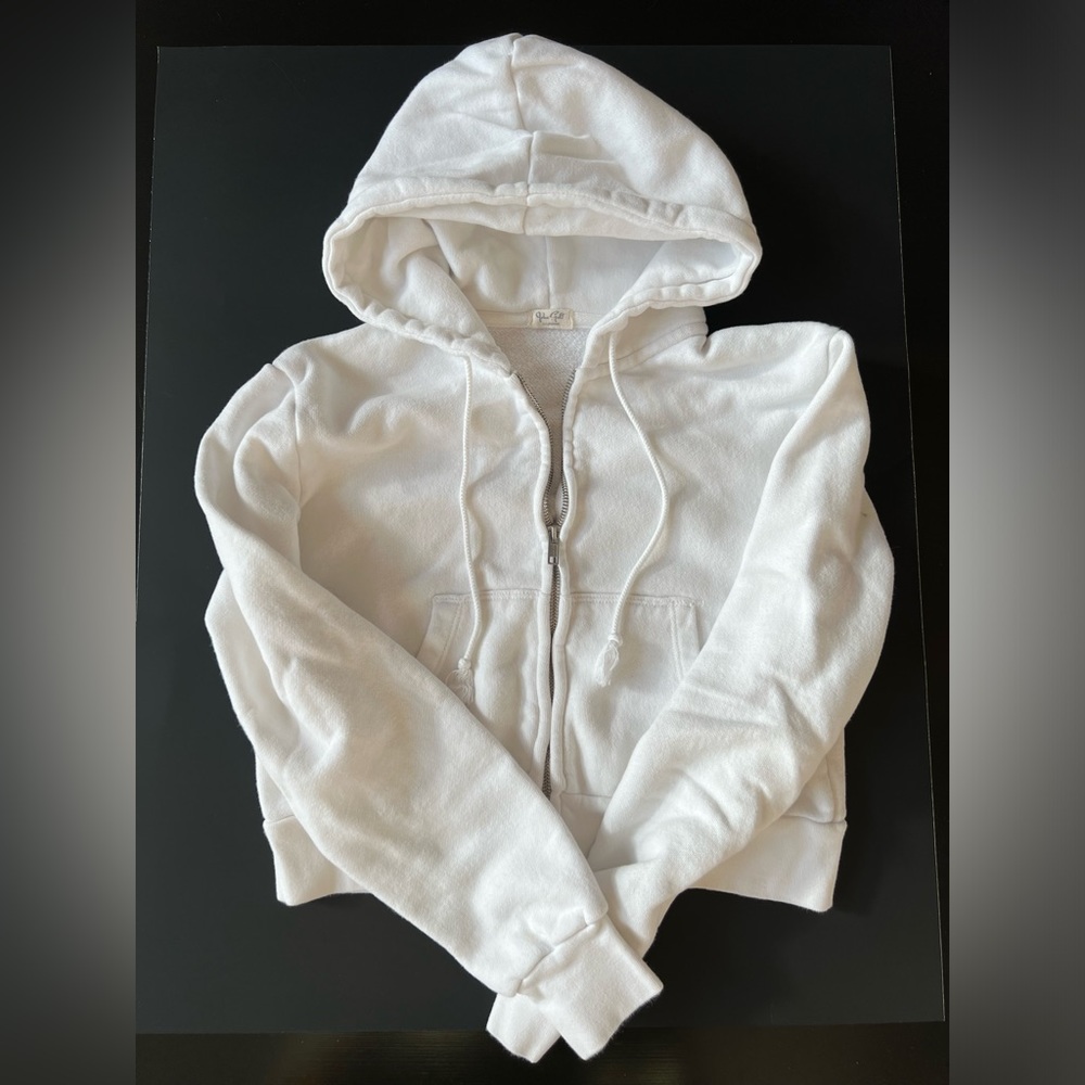 Brandy Melville White Crop Fleece Zip Up Crystal Hoodie One Size